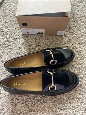 J. Crew Black Patent Loafers with Gold Bit
